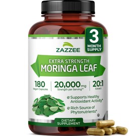 Zazzee Organic Moringa 20:1 Extract, 20,000 mg Strength, 180 Vegan Capsules, 100% Pure Oleifera Leaf Superfood, Concentrated and Standardized 20X Extract, All-Natural, Non-GMO, Made in The USA