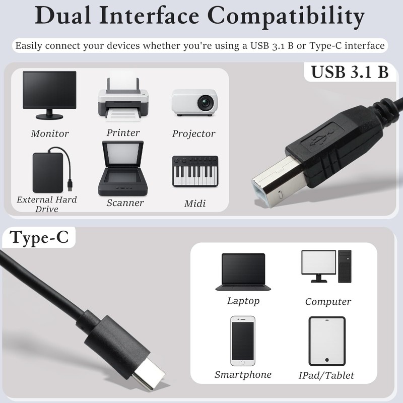 Ceemiaa USB-C to USB-B 2.0 Printer & MIDI Cable (3.3FT)