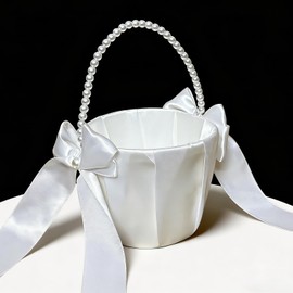 Wedding Flower Girl Basket with Cute Pearl Handle - Elegant Small Satin Bowknot Satin Baskets for Decoration-Perfect for Flower Girls, Wedding Party