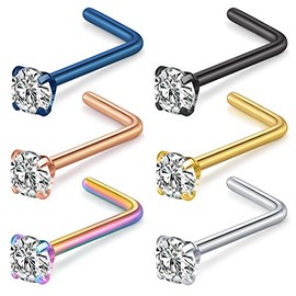 D.Bella Nose Rings Studs, L Shape Nose Studs Stainless Steel 18G Nose Piercings Jewelry 2.5mm Clear Round Cubic Zirconia Inlaid Mic Color