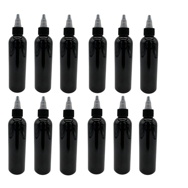 Natural Farms - Botellas de plástico Cosmo negro de 4 onzas, paquete de 12 botellas vacías recargables, sin BPA, aceites esenciales, aromaterapia, tapa superior giratoria negra y natural, fabricadas en los Estados Unidos