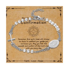 Oidea Virgin Mary Cross Rosary Bracelet: Silver Catholic Beaded Bracelets for Women Virgin of Guadalupe Adjustable Link Chain Bracelet Confirmation Jewelry Gifts, Transparent Beads