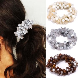 Fashey Pearl Hair Tie Beige Elastic Ponytail Holders Fancy Hair Ties 3 Pcs Stretchy Hair Accessories for Women