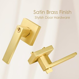SHINY HANDLES Gold Door Handles Door Knobs with Lock,Satin Brass Door Lever Keyed Front Entry Door Handle Interior/Exterior (1 Pack)