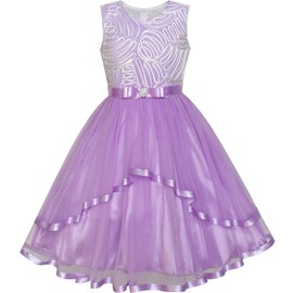 LZ74 Flower Girl Dress Purple Belted Wedding Party Bridesmaid Size 7