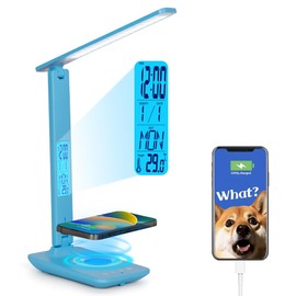 LED Desk Lamp with Wireless Charger & USB Charging Port, Table Lamp with Clock Date Temperature Phone Holder, Dimmable Desk Light for Home Office, Reading Lamp, Study Lamp for Boys, Girls, Teens, Blue