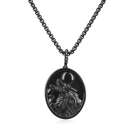 COAI Men's Viking Jewelry Wolf Necklace Black Obsidian Necklace, Stainless Steel Box Chain 24"
