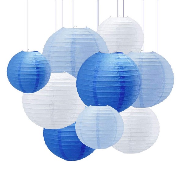 Newthinking 18 PCS Paper Lanterns Decorations, Hanging Blue Paper Lanterns, 4" 6" 8" 10" Different Sized Round Paper Lanterns for Weddings, Party Decorations, Festival (Blue&White)