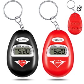 2 Pcs English Language Talking Key Chain Clock Big Voice with Alarm Talking Clock for Blind People Visually Impaired Elderly Low Vision Clocks Talking Alarm Clock Keychain Black Red