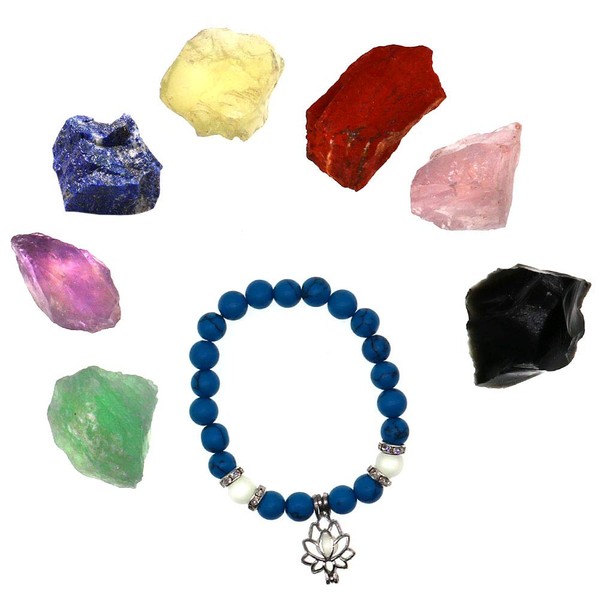 LLAMEVOL Chakra Therapy Starter Collection Healing Crystals kit 7 Raw Chakra Stones 7 Colorful Gemstones, Amethyst Rose Quartz Pendulum Chakra Lava Luminous Lotus Bracelet Gift