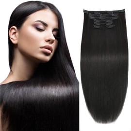 Moucyo Clip In Hair Extensions 7pcs/120g, 100% Remy Clip In Hair Extensions Real Human Hair 16 Inch, 16clips Seamless Clip In Hair Extensions for Women (16inch, Natural Black)