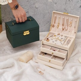 hombrima 3 Layers Travel Jewelry Box, Jewelry Storage Organizer Cases with 2 Drawers and Lock for Women’s Necklace Earrings Rings Bracelet(Green)