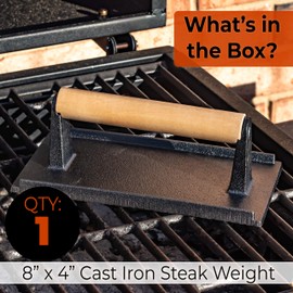 Versatile Safe-Touch 8x4in Cast Iron Grill Weight 1pc. Perfect Meat Press With Wooden Handle for Crispy Bacon Evenly Cooked Steak and Healthier Burgers. Great for Flat Top, Oven, Griddle and Skillet.