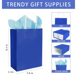 Nihuecne 24 Pack Kraft Paper Gift Bags with Tissue Paper, Small Gift Bags Bulk with Handles for Birthday, Anniversary, Holiday and More(5.9 x3.1 x 8.3In) (Blue)