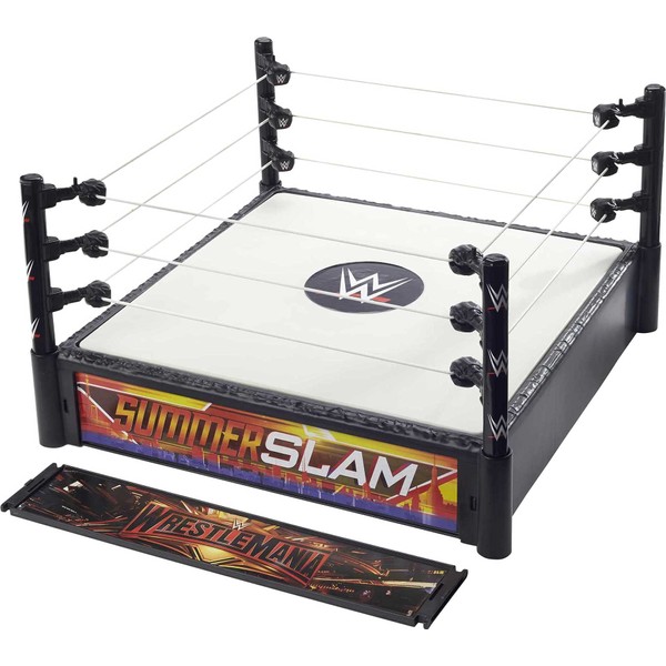 WWE MATTEL Superstar Ring, 14-inches Across with Ring Ropes, 2 Swappable Ring Skirts for 2-in-1 Ring Fun