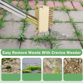 Juxifyron Crack Weeder, Moss Remover Tool, Manual Crevice Weeding Tool, Weed Puller Grout Brush with 67-inch Long Handle for Deck, Paver, Patio, Walkway, Driveway - 2 Weed Brush Heads