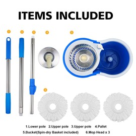 Spin Mop and Bucket with Wringer Set, 360° Mop and Bucket System with 3 Microfiber Mop Refills and 61" Extended Handle, Spinning Mop Bucket for Floor Cleaning, Blue