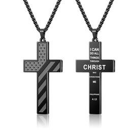 GILIEYER American Flag Cross Necklace for Men Bible Verse, Stainless Steel Cross Pendant Chain Christian Baptism Religious First Communion Pendant Patriotic Jewelry Gifts (Philippians 4:13, Black)