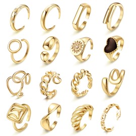 HAIAISO 16Pcs Gold Chunky Dome Ring Set for Women Girls 18K Gold Plated Stackable Open Link Ring Trendy Braided Twisted Geometric Heart Signet Ring Adjustable Open Band Rings Minimalist Statement Jewelry 4-9