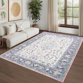 Large Area Rug 9x12 Vintage Floral Rug with Non Slip TPR Backing, Foldable Thin Low Pile Mat, Soft Non Shedding Carpet, Retro Oriental Floor Covering for Living Rooms Offices, Purple