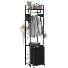 Yifeel Coat Rack with Laundry Basket, Laundry Hamper Freestanding Hall Tree, Clothes Rack with Storage Shelves, 14.5 Gal Removable Bags on Wheels, Black JLH005B