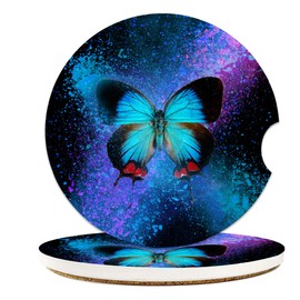 Butterfly Blots Car Coasters for Cup Holders, 2 Pack Absorbent Ceramic Cup Holder Coasters for Drinks, Cute Car Gifts for Women Men, Universal Non-Slip with Finger Notch