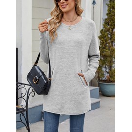 Famulily Women's Long Sleeve Round Neck Winter Warm Sweaters, Solid Color Pullover Tops Tunic Jumper with Pockets (S, Grey)