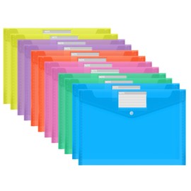 Plastic Wallets A4, 12 Pack Plastic File Folders A4 Plastic Wallets with Popper, Waterproof, Plastic Document Wallets with Label Pocket, for Office, School, Home