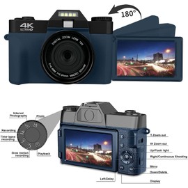 eDealz 4K 56MP Digital Camera Photography with 3’’ 180° Flip Screen, WiFi, 16X Zoom, Rechargeable Battery, 64GB Micro SD Card, 6 PC Card Holder USB Card Reader (Navy)