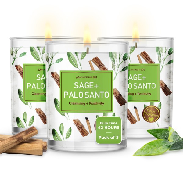 Magnificent 101 Set of 3 Long Lasting Pure Sage + Palo Santo Candles | 3.5 Oz Each - 42 Hour Burn | All Natural, Organic Soy & Paraffin Free Candles for House Energy Cleansing & Manifestation