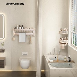 VOLPONE Corner Shower Caddy Suction Cup Shower Shelf Corner No Drilling Bathroom Shower Organizer Storage Rack Adhesive with Towel Bar (3-Pack, Ivory)