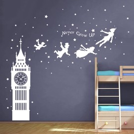 Runtoo Peter Pan Wall Decals Big Ben Quotes Never Grow Up Quotes Star Wall Stickers Kids Bedroom Baby Nursery Wall Decor White