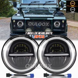 QULOOX For Land Rover Defender 90 110 Pair 7" inch Round LED Headlights DRL Hi/Lo Beam