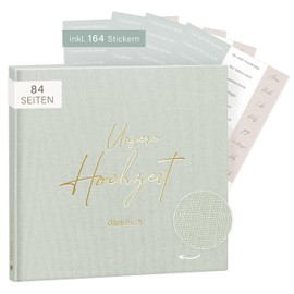 mintkind® Guest Book Wedding Sage - Wedding Book, 84 Pages for Creative Entries, Includes 4 Sticker Sheets - Wedding Gift for Bride and Groom, Wedding Decoration, Golden & Silver Wedding