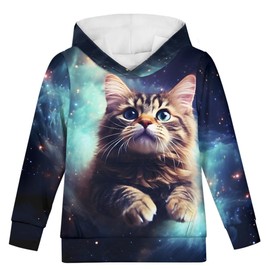 GLUDEAR Boys Girls Cool Animal 3D Print Graphic Hoodie Sweatshirts Long Sleeve Pullover Hoodies,Green Galaxy Brown Cat,M