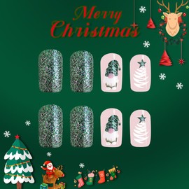 TENPAL Green Nails Xmas Press on Nails Short Square Christmas Santa Claus Acrylic Nails Press Ons Sparkling Green Fake Nails with New Year Designs 24pcs Full Cover Winter Holiday Nail Tips for Women