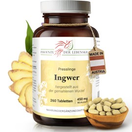 Ginger Tablets 450 mg | 260 Tablets Zingiber Officinale | Premium Quality from Austria | Vegan Tablets Instead of Capsules without Additives | Ginger Root, Ginger, Sheng Jiang, Adrak, Gingembre