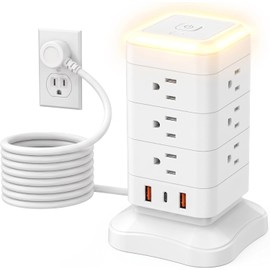 LUKITO Regleta Torre Multicontacto con Luz Nocturna, Extension Electrica 3M,Conector Multiple Escritorio Enchufe con 12 AC y 3 USB Puertos (Blanco, 3M)
