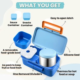 PIQUEBAR Kids Lunch Bento Box with Thermo Ice Pack Food Container with Insulated Lunch Bag, Insulated Water Bottle with Straw for Girls Boys, Blue