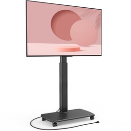 FITUEYES Rolling TV Stand with Power Outlets, Swivel Portable TV Stand for 32-75Inch LCD LED OLED Flat/Curved Panel Screen TVs,Height Adjustable&Wood Base, Mobile TV cart Holds up to 99Lbs, Black.