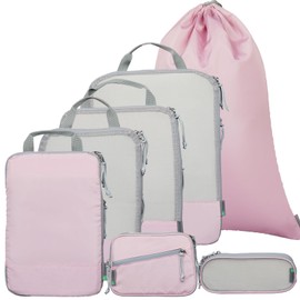 CHOICENOW Compression Packing Cubes for Suitcases - Extra Large Luggage Organizer Bags, 7-Piece Set, Travel Packing Organizers for Clothes (Pink）