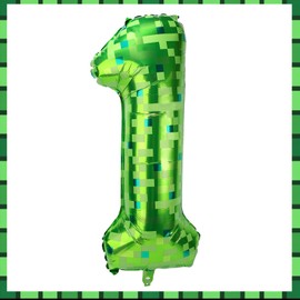 Pixel Number Balloons, 40 Inch Green Large Foil Balloons Game Theme Party Decorations for Anniversary Birthday Kids Boys Girls (Number 1)