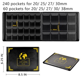 Coin Collection Supplies Holder Book for Collectors, 300 Pockets Coin Collection Organizer Storage Box Case Album for 20/25/ 27/30/ 38mm Coin (Earth pattern black)