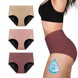 TIICHOO Period Underwear for Women Heavy Flow Extra High Waisted Period Panties Womens Leakproof Underwear 3 Pack(Medium, Beige/Rose Gold/Brown)
