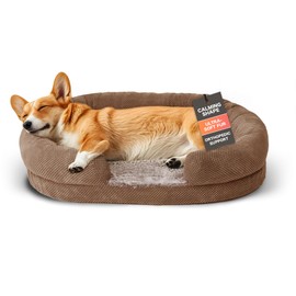 Plush Orthopedic Pet Bed for Small Dogs & Cats-Removable Washable Cover, Supportive Memory Foam Oval Bed Non-Slip Design with Bolstered Sides, Perfect Medium Dog Sofa or Chair for Pet Care, Camel