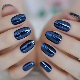 Blue Chrome Press On Nails Medium Oval, 24Pcs Blue Fake Nails Holographic Mirror Glossy Gel Solid Color, Stick Glue On Nails, Nail File And Adhesive Tabs Included