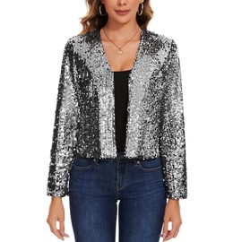 MINTLIMIT Women's Sequin Cardigan Short Open Front Cardigan Long Sleeve Bolero Thin Elegant Glitter Jacket Bolero Jacket, S-Silver