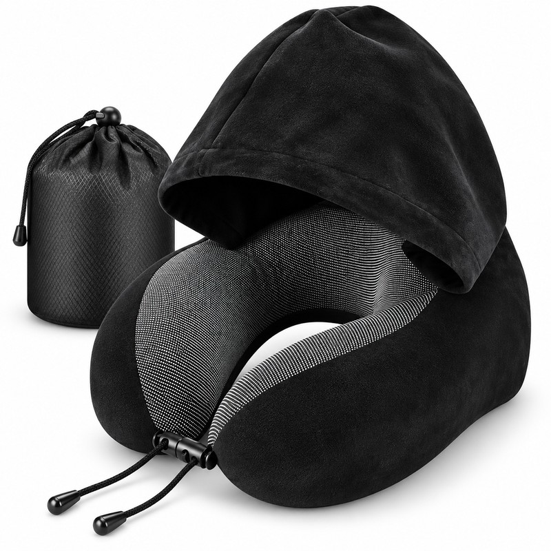 Hooded Travel Neck Pillow for Airplane & Car – U-Shaped