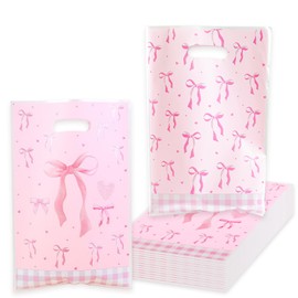 100 Pcs Coquette Pink Bow Plastic Gift Bags, 9.84 x 6.5 IN Pink Bow Candy Goodie Bags Bulk, PinkBow Party Favor Bag for Birthday, Wedding, Baby Shower Party Supplies