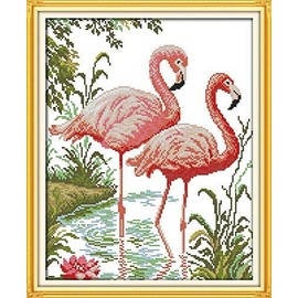 Happy Forever Cross Stitch Kits 11CT Stamped Patterns for Kids and Adults, DIY Preprinted Embroidery kit for Beginner, Pretty Animals (D419 Two Flamingoes, Size 14''x17'')